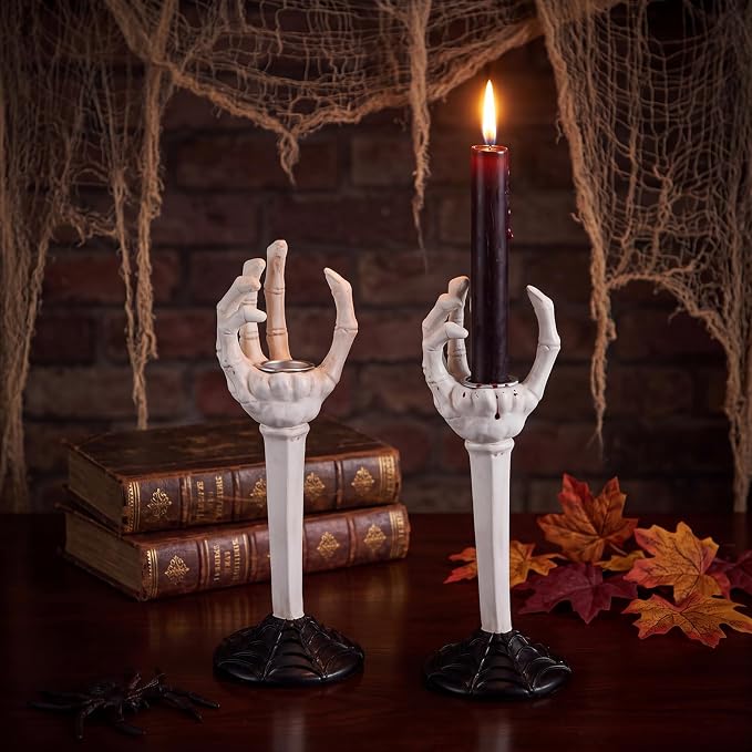 Qinyoung 2 Set Halloween Skull Taper Candle Holders Skeleton Hands, White - skull candle
