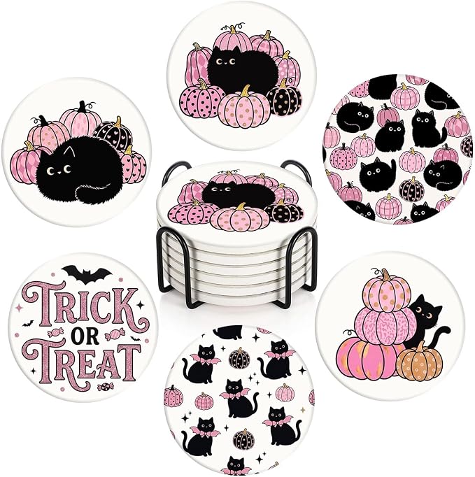 Halloween Coasters for Drinks, Set of 6, Ceramic Stone Pink Kawaii - skull coaster