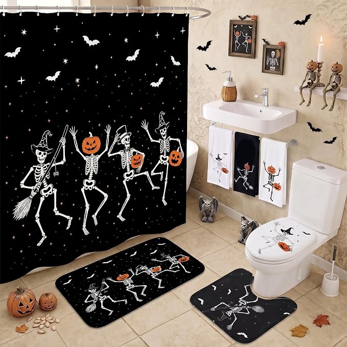 Tingjoo 7 Pcs Dancing Skull Shower Curtain Sets, Halloween Bathroom Decor