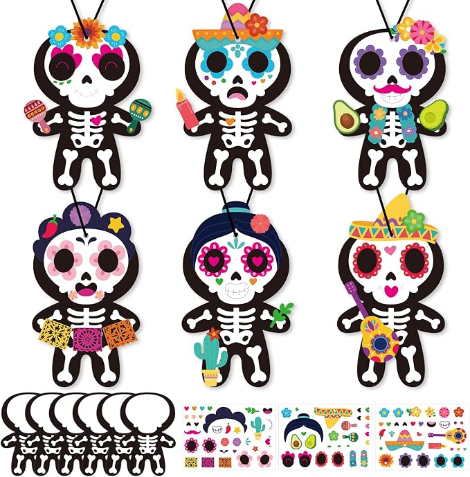 PAIVSUN 24Pcs Day of The Dead Craft for Kids, DIY Sugar Skull Stickers Kit - skull sticker