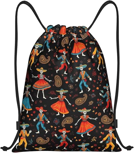 Mexican Day Dead Sugar Skulls Skeleton Paisley Art Drawstring Bags Sport Gym Sack Yoga String Backpack Adult 14x16.9 InchMedium - skull backpack