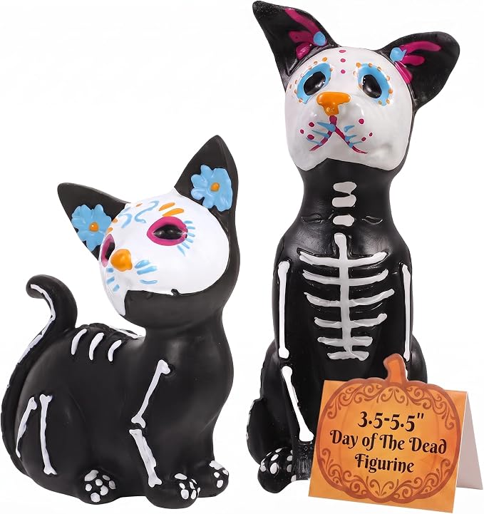Alipis Day of The Dead Cat and Dog Figurine: Halloween Skulls Animal Statue Resin Crafts - Skeleton Sculpture for Pet Lovers, Halloween Home Desk Decorations - skull figurine
