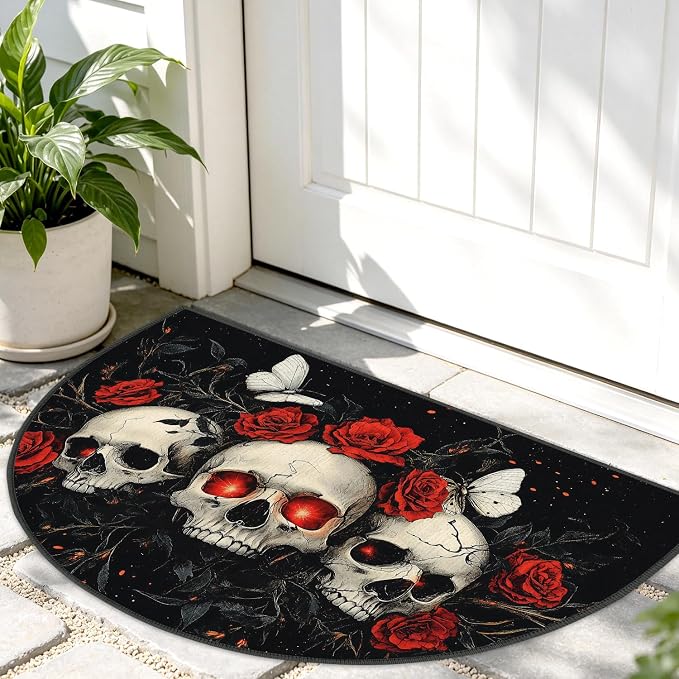 ANNA QUEEN Halloween Semicircular Entrance Door Mat 24" x 36", Gothic Skull Floral Half Round Indoor Outdoor Doormat, Non Slip Welcome Rug Low Profile for Front Door Entryway Porch Patio - skull door mat