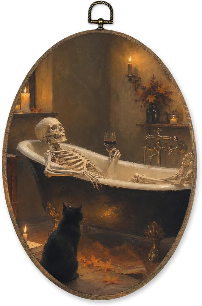 LKETW Halloween Skull Bathroom Oval Wall Art Canvas Hanging Decor 8.6×11.4