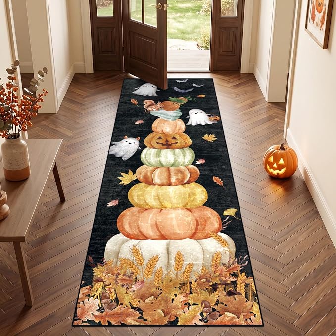 Black Fall Runner Rugs for Hallway 2.6x8Ft Non Slip, Autumn Pumpkin Washable Kitchen Rug Runners, Halloween Low Pile Bedroom Floor Carpets for Entryway Laundry Bathroom Holiday Decor - skull carpet
