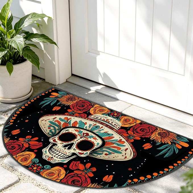 ANNA QUEEN Halloween Semicircular Entrance Door Mat 24" x 36", Sugar Skull Half Round Indoor Outdoor Doormat, Non Slip Dia de Los Muertos Welcome Rug Low Profile for Front Door Entryway Porch Patio - skull toilet mat