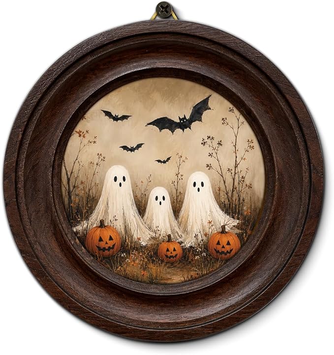 Framed Vintage Ghost Halloween Round Wall Art, Rustic Country Ghost Wall Decor - skull wall art