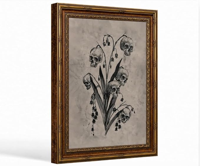 Vintage Gold Framed Skull Lily of the Valley Wall Art Gothic Botanical Poster Print Retro Floral Skull Painting Picture Wall Decor, Artwork for Bedroom Office Home Decoration 8x10 In - skull wall art