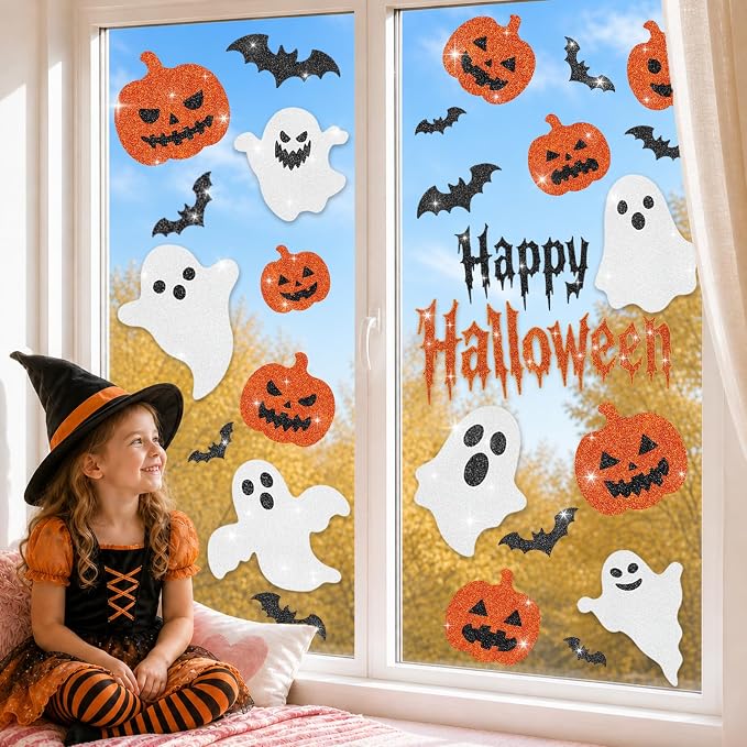 Glitter Halloween Window Clings Decor, Cute Ghost Pumpkin Stickers Decals - skull sticker