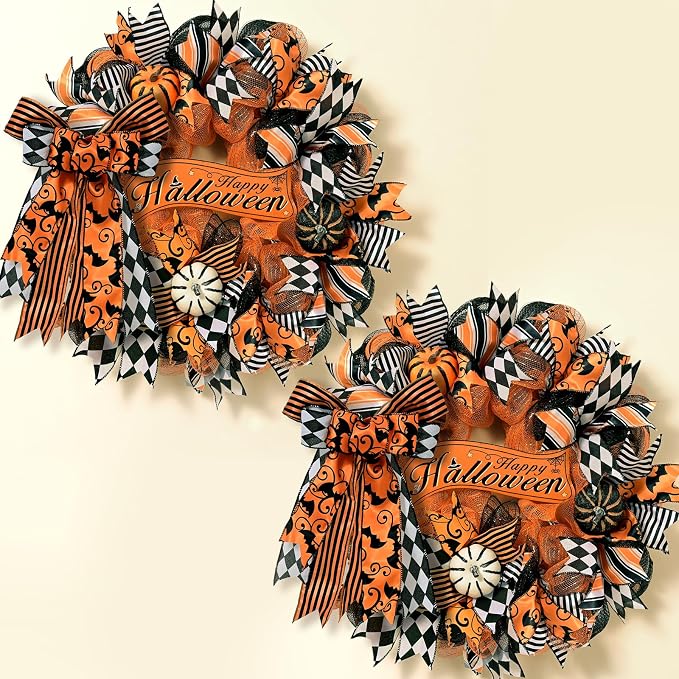 2 Pcs Halloween Wreaths for Front Door, Halloween Wreath with Ribbon Bow - skull wreath