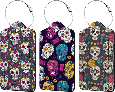 Sugar Skulls 3 Pack Luggage Tags for Suitcases,PU Leather Baggage Suitcases Tag Name ID Label Privacy Cover Travel Bag Tags for Women Men Boys Girls - skull suitcase