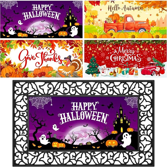 4 Pcs Halloween Fall Doormat Inserts, Interchangeable Holidays Door Mat Set