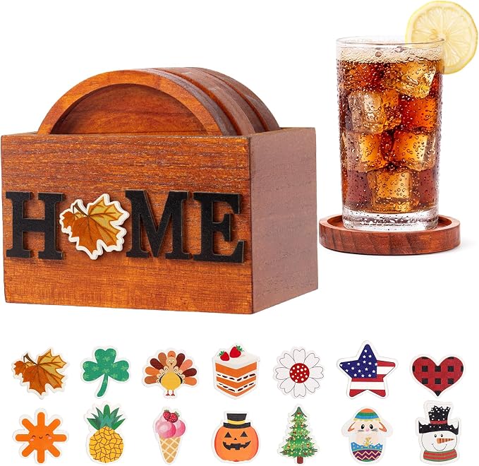 Wooden Coasters Set of 4 for Drink with Holder Table Decor - skull coaster
