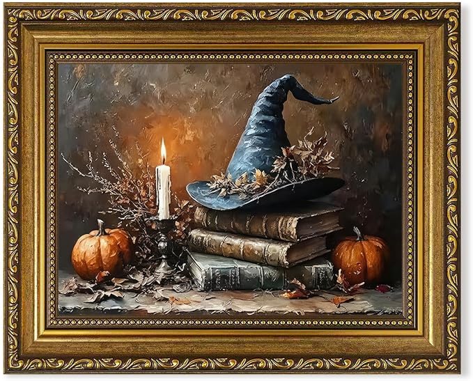 Halloween Framed Canvas Wall Art, Witch Hat Pumpkin and Candle Gold Frame Print, Vintage Halloween Still Life Decor for Bedroom Living Room Bathroom Home Office, Ready to Hang, 8" W X 10" H - skull wall art