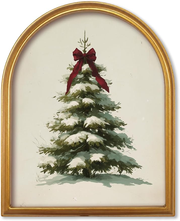 TwoDays Vintage Christmas Tree 11" x 13.8" Gold Arched Framed Wall Art - skull painting