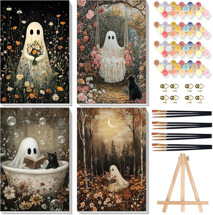 4 Pack Ghost Paint by Numbers for Adults with Framed Canvas - Wooden Easel - skull painting