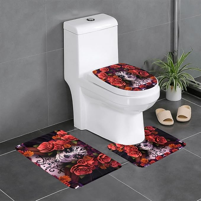 Day of The Dead Sugar Roses Skull Print 3 Piece Bathroom Rugs Set - Non-Skid Flannel Bath Mat, Contour Rug & Toilet Lid Cover, Soft & Absorbent, Machine Washable - skull toilet paper