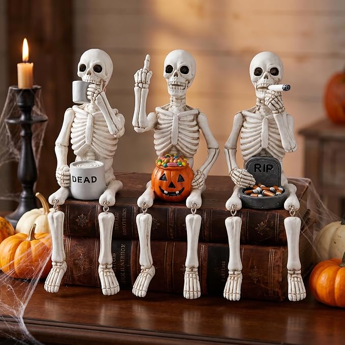 Halloween Skeleton Statues, Set of 3 Funny Skeleton Shelf Sitters - skeleton