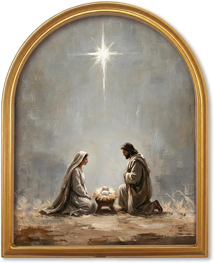 TwoDays Vintage Nativity Scene 11" x 13.8" Gold Arched Framed Wall Art - skull wall art