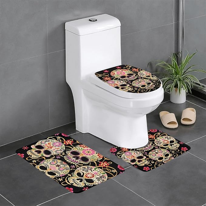 Day of The Dead Skull Print 3 Piece Bathroom Rugs Set - Non-Skid Flannel Bath Mat, Contour Rug & Toilet Lid Cover, Soft & Absorbent, Machine Washable, for Bathroom Vanity Guest Suite - skull toilet mat