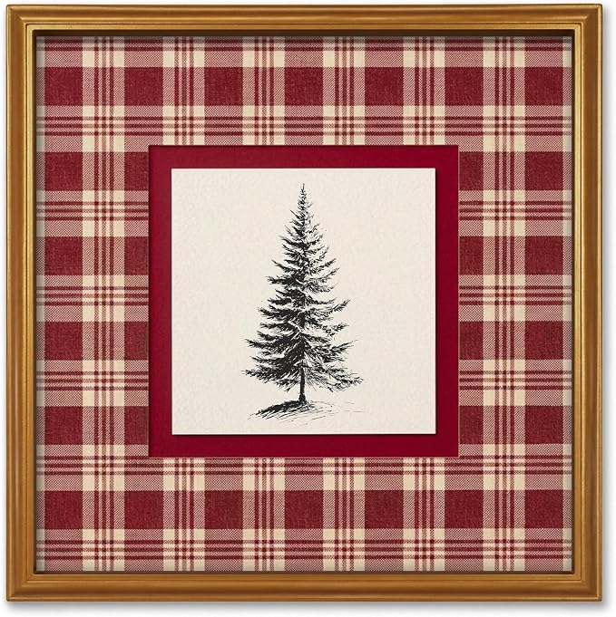 TwoDays Vintage Christmas Wall Art, Red Plaid Pine Tree Gold Framed Print - skull wall art