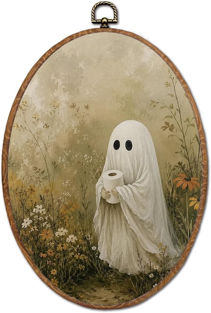 S GDNAMR Halloween Toilet Paper Ghost Oval Canvas Wall Art, 8.6x11.4 Inch - skull toilet paper