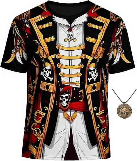 Pirate Costume Shirt with Skull Necklace for Men, 3D Print Tee - skull tshirt