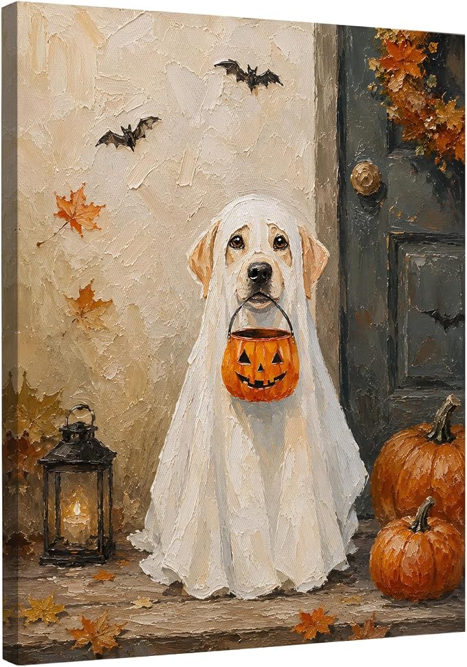 DIENADFX Halloween Dog Ghost Pumpkin Canvas Wall Art Decor Pictures 11x14 - skull wall art