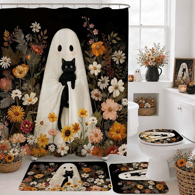 Mocsicka Halloween Ghost Shower Curtain Set for Bathroom, 4Pcs Cute Ghost Black Cat Bathroom Sets with Non Slip Rugs, Toilet Lid Cover, Bath Mat, Shower Curtain, Bathroom Decor with 12 Hooks - skull toilet mat