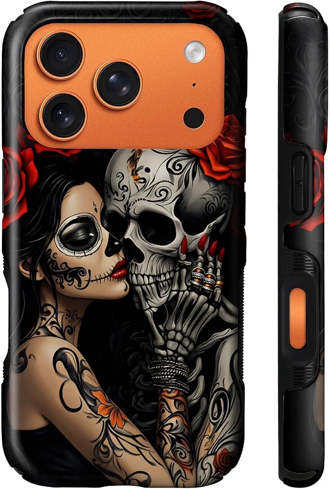 for iPhone 17 Pro Max 18 Pro Max Compatible with Magsafe Full Body Case Screen Lens Protection Magnetic Ring for Girl Boy Cute Pattern Dark Romantic Gothic Rose Woman Kiss Skull - Skull phone case