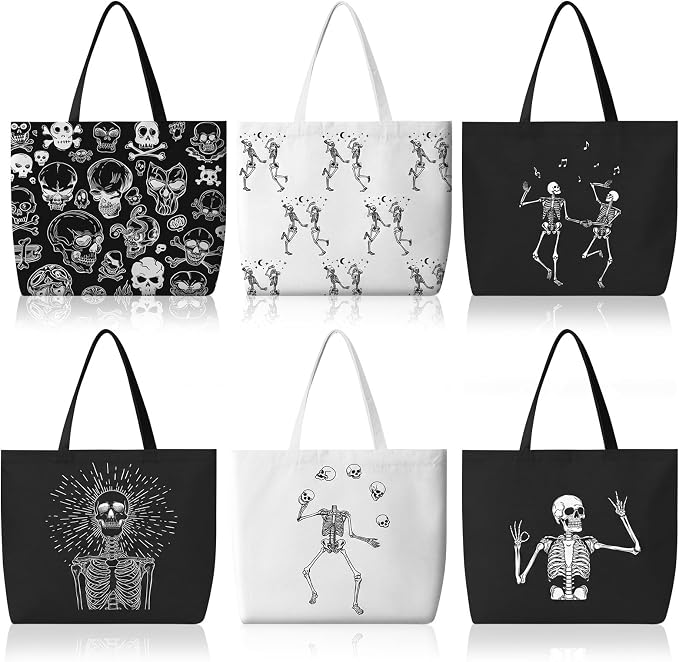 Bencailor 6 Pcs Halloween Canvas Tote Bags Reusable Gothic Skull Gift Bags - sugar skull handbags for sale