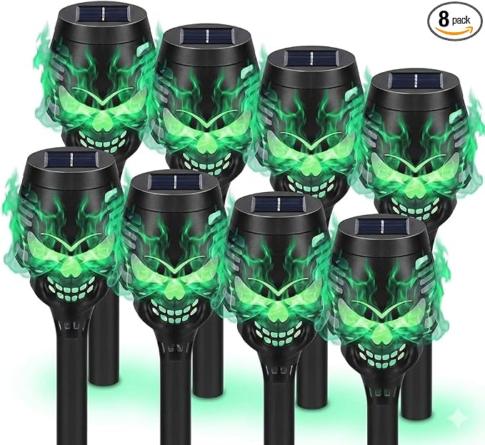 8 Pack Solar Halloween Lights Outdoor, Flickering Flame Skull Torches, Waterproof Purple Solar Lights for Yard, Spooky Skull Pathway Lights for Halloween Outdoor Decorations (Green)