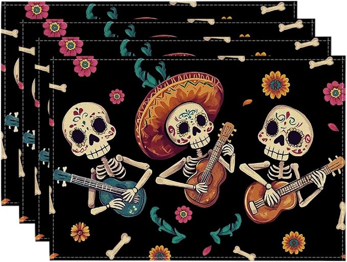 Artoid Mode Sugar Skull Day of the Dead Placemats Set of 4-12 x 18 Inch