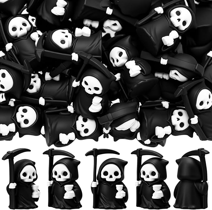 Thenshop 50 Pcs Mini Grim Reaper Figurines, Halloween Decor for Home - skull figurine