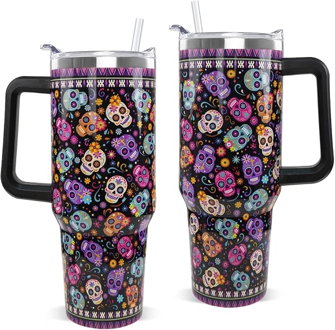 Halloween Day of the Dead Tumbler with Handle 40oz Sugar skull Coffee Travel Mug Stainless Steel Insulated Cups Halloween Dia De Los Muertos Altar Decor Gifts - skull coaster