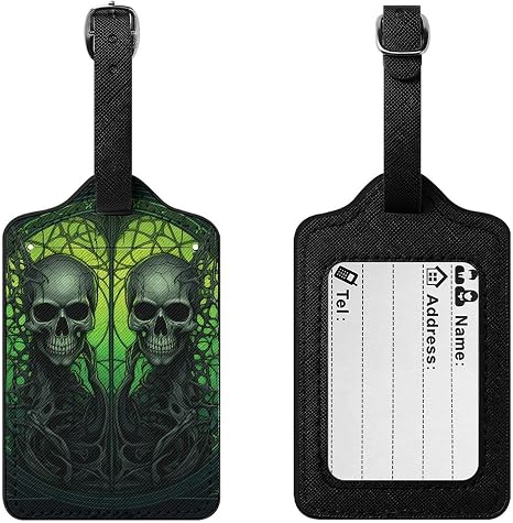 Horrifying Green Skull Luggage Tag PU Waterproof Travel Name Tag with Card Holder for Women Men Suitcase Identifier Cute Travel Essentials - skull suitcase
