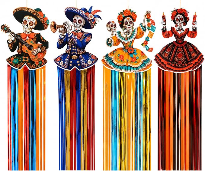 4 Pcs 27"x7" Day of the Dead Hanging Decorations with Colorful Fringe - sugar skull ornament