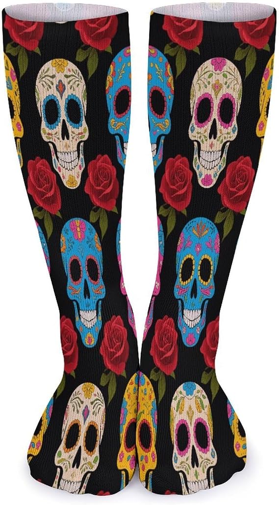 Knee High Socks for Women Men Sugar Skulls Casual Sports Sock Breathable Comfort Calf Tube Socks - sugar skull costume