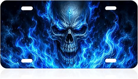 Blue Flame Skull Aluminum License Plate, Gothic Wall Decor - skull plate