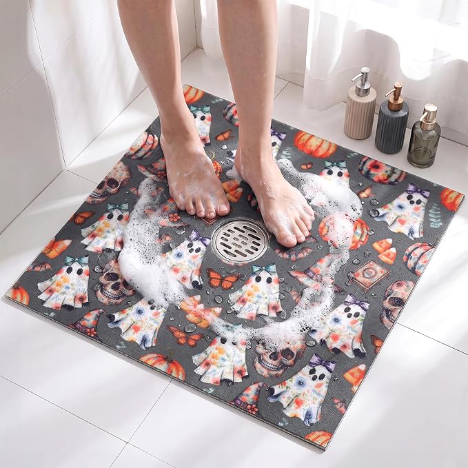 Halloween Shower Mat, Ghosts Skulls Halloween Bathroom Decor - skull toilet mat