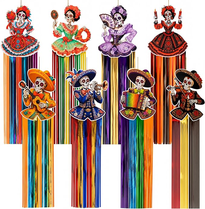 8 Pcs 27"x7" Day of the Dead Hanging Decorations with Colorful Fringe - sugar skull ornament