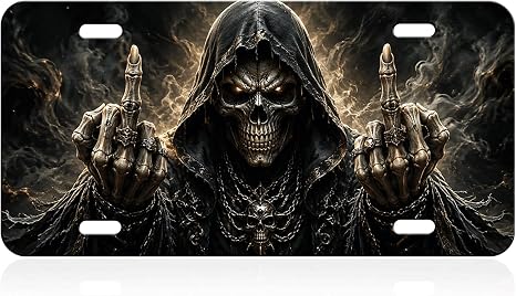 Hooded Skull Dark Gesture Aluminum License Plate, Gothic Wall Decor - skull plate