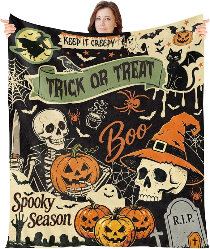 Wxiben Halloween Throw Blanket Gifts - Vintage Ghost Pumpkin Blanket Gift Gothic Skull Lightweight Soft Flannel Throw Blanket for Bed Couch Sofa Living Room Travel Halloween Decor 60x50 inches - skull blanket