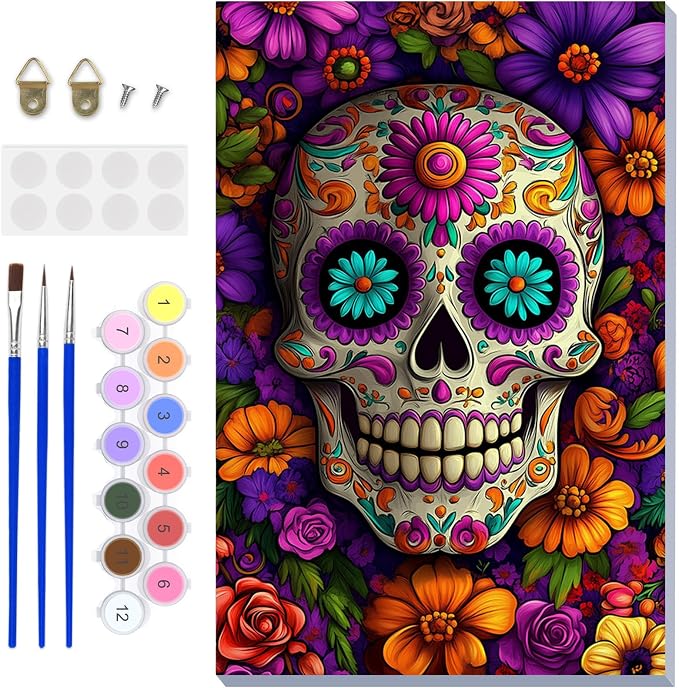 NAIMOER Halloween Paint by Numbers Kits for Adults Beginner with Wooden Framed, Skull Flowers Color by Numbers on Canvas Painting Kits for Adults, Easy Paint DIY Acrylic for Home Wall Decor 8X12 Inch