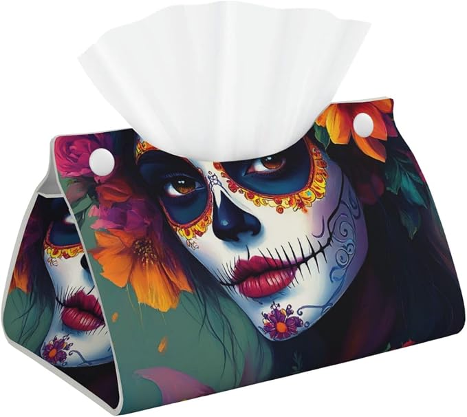 Woman's Skull Print Tissue Box Cover - Leather Tissue Holder Long Tissue Case Facial Paper Organizer Dispenser for Bathroom Vanity Countertop Table Desk Office - skull toilet paper