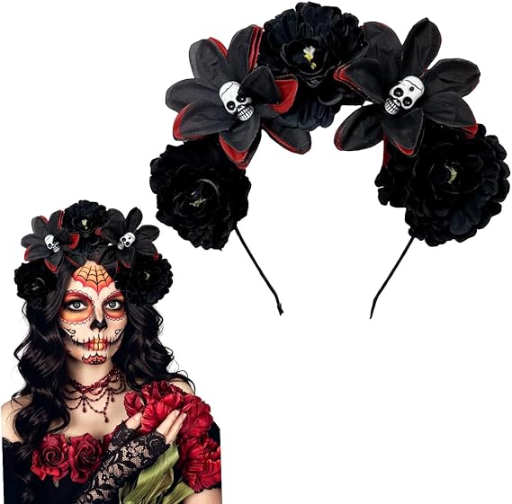Halloween Skull Rose Headband Gothic Flower Hair Hoops Flower Crown Festival Headband for Women - skull headband