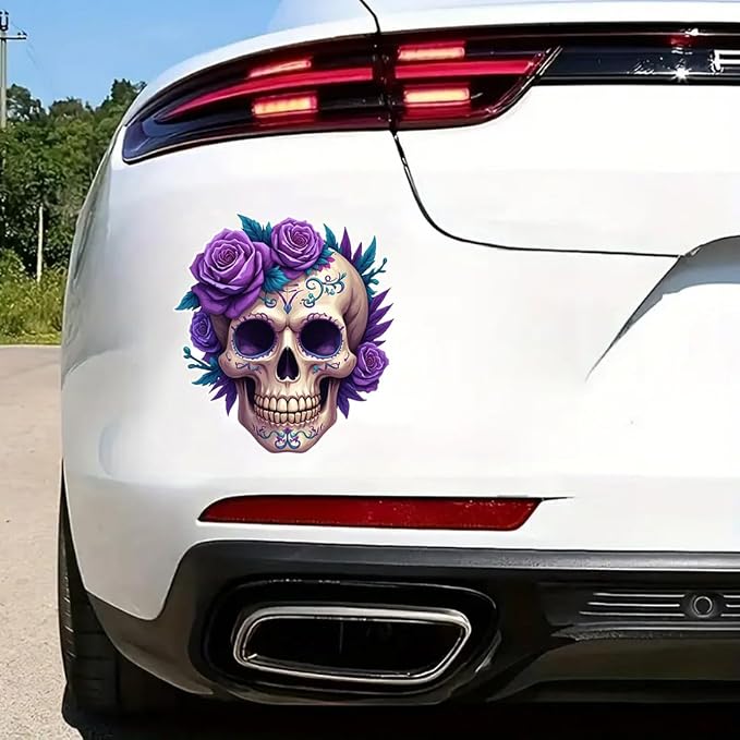 2 Psc Sugar Skull Car Decal Sticker with Purple Roses, Day of the Dead Floral Design, 5 in Vinyl Decal, Waterproof,Die-Cut for Cars,Windows,Laptops ZKL-04S - skull sticker