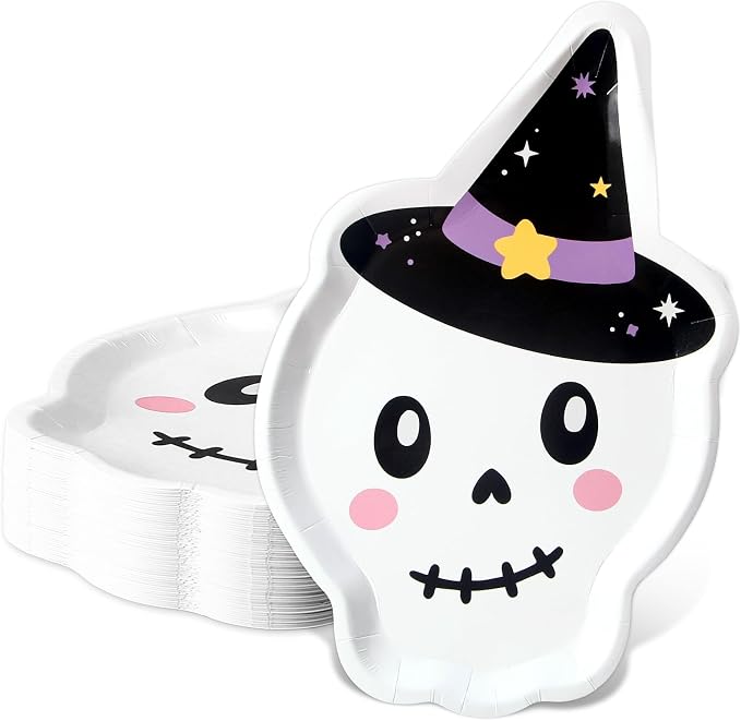 AnyDesign Halloween Paper Plates Wizard Witch Hat Skull Disposable Dessert Plates for Halloween Baby Shower Birthday Party Supplies, 40 Pcs - skull plate