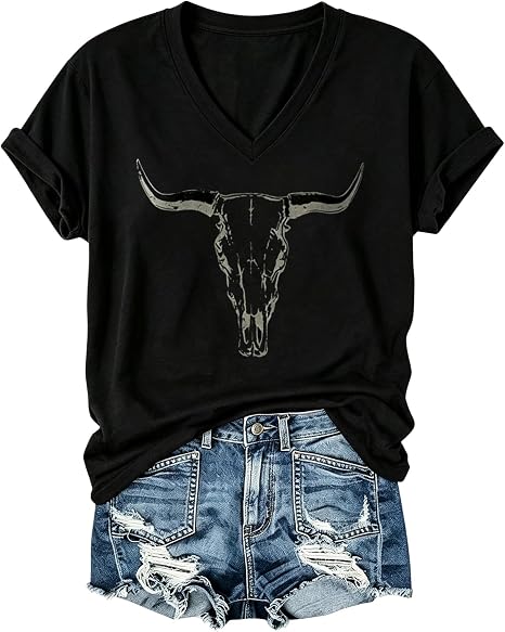 Women's V Neck T-Shirt Cowboy Graphic Tee Country Music Cow Skull Short Sleeve Tshirt Casual Basic Solid Color Shirts - skull jacket