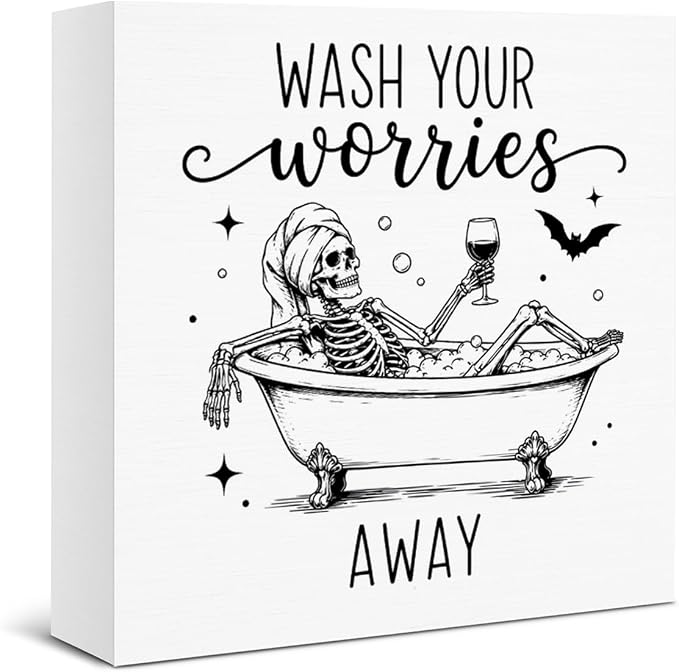Funny Bathroom Decor Halloween Skull Wooden Box Sign - skull toilet mat